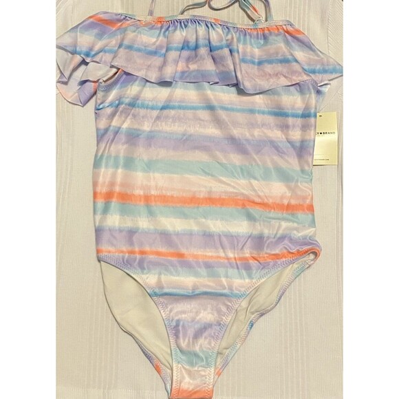 LUCKY BRAND Sz L (12/14) Big GIRLS Swimsuit 1 PC RUFFLE Striped Off Shoulder NEW - Picture 1 of 8